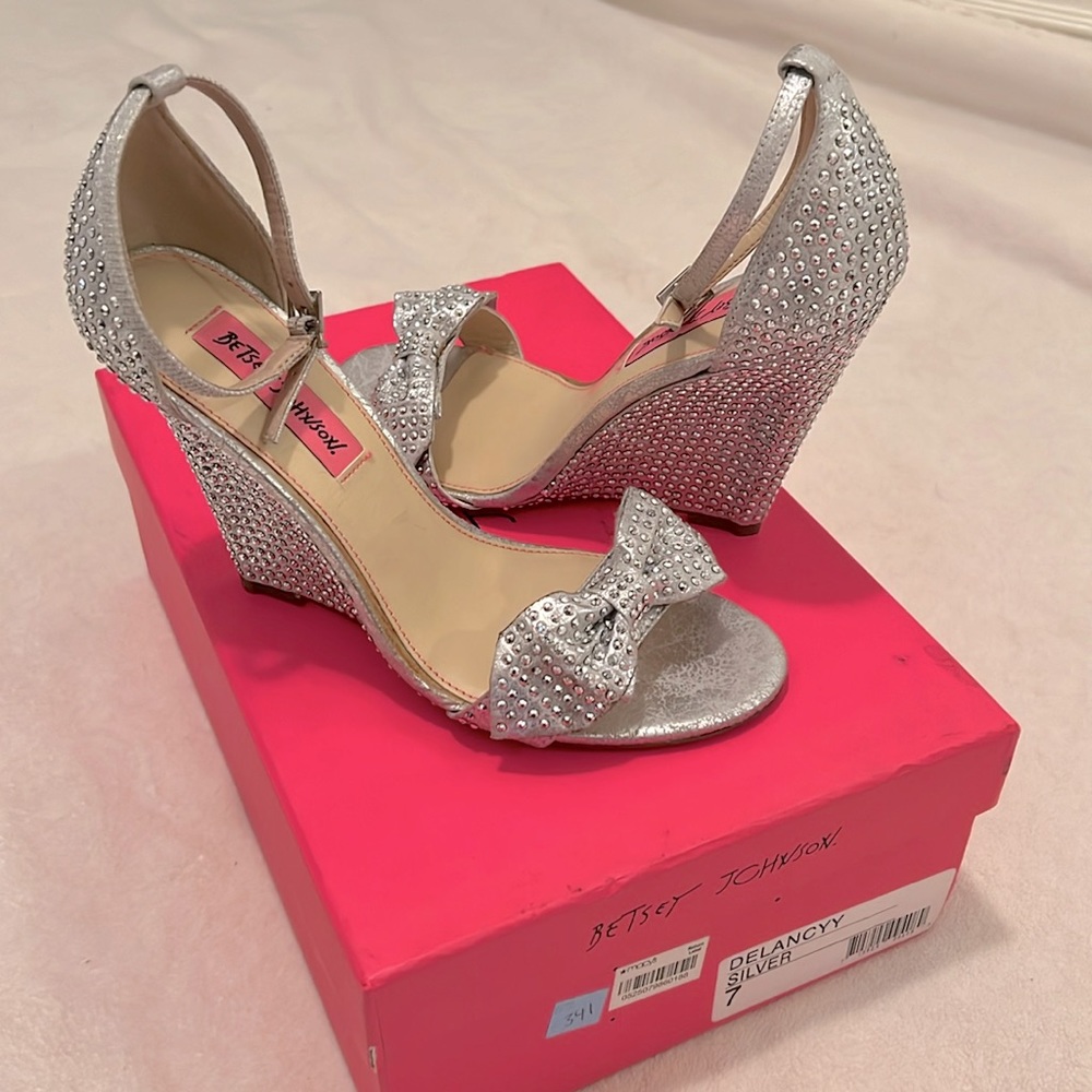 Betsey Johnson Silver Rhinestone Bow Wedge Sandals